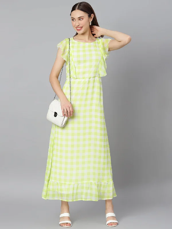 Green & White Polyester Check Maxi Dress Trendy Short Sleeve Maxi Dress
