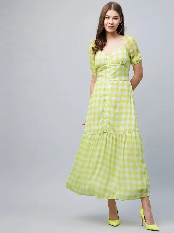 Lime Green Poly-Georgette Checkered Maxi Dress Trendy Button Front Maxi Dress