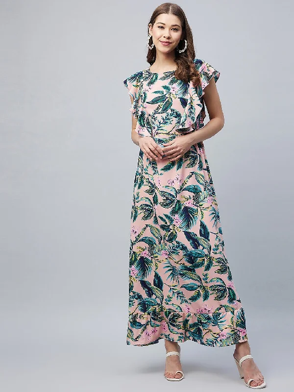 Multicolour Poly-Crepe Floral Maxi Dress With Flutter Sleeves Stylish One-Shoulder Maxi Dress Multicolour Poly-Crepe Floral Maxi Dress With Flutter Sleeves Stylish One-Shoulder Maxi Dress