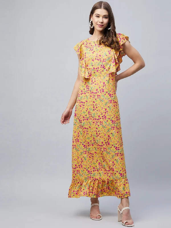 Mustard Polyester Floral Maxi Dress With Flutter Sleeves Classic Tulle Maxi Dress