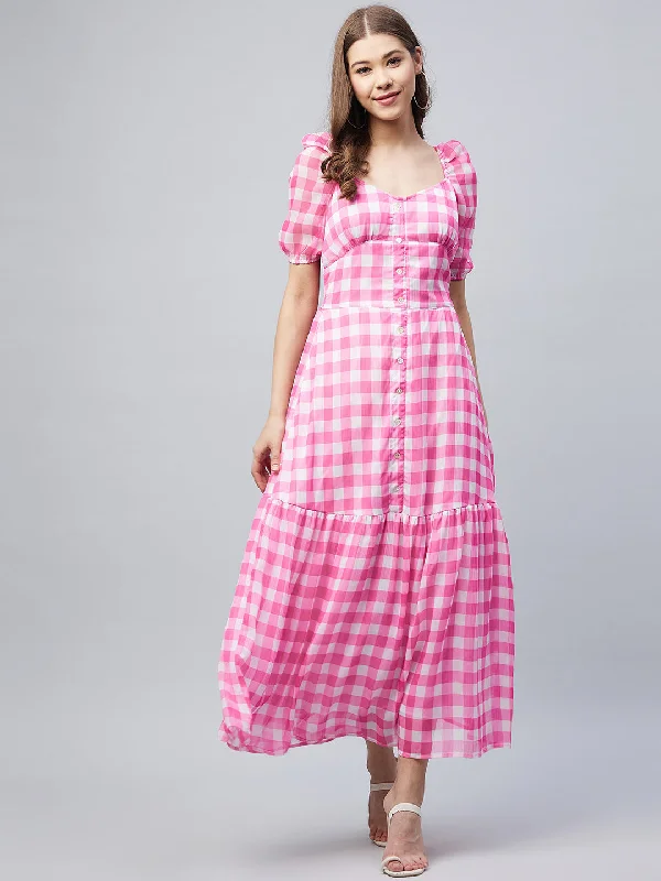 Pink Poly-Georgette Checkered Maxi Dress Trendy Printed Maxi Dress
