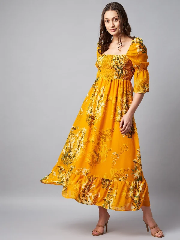 Yellow Georgette Puff Sleeve Smocked Floral Maxi Dress Stylish Maxi Dress with Pleats Yellow Georgette Puff Sleeve Smocked Floral Maxi Dress Stylish Maxi Dress with Pleats