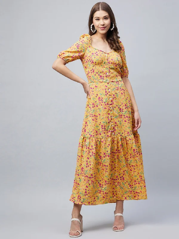 Yellow Polyester Moss Floral Maxi Dress Comfortable Fit-and-Flare Maxi Dress