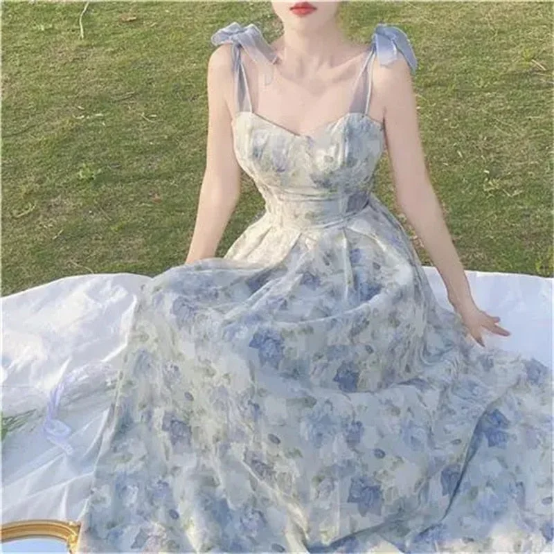 Darianrojas Summer Floral Long Dress Women Fashion Lace Bandage Elegant Beach Maxi Dresses Famales Design Sleeveless Midi Strap Dress Elegant Lace-Up Maxi Dress