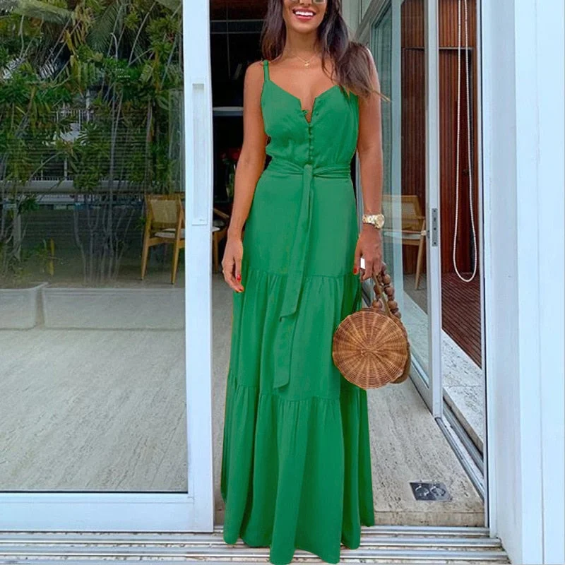 Summer Green Tunic Maxi Dress V Neck Robe Femme Belt Elegant Ruffles Party Long Dresses Spaghetti Strap Casual Vestidos Mujer Elegant Sleeveless Maxi Dress Summer Green Tunic Maxi Dress V Neck Robe Femme Belt Elegant Ruffles Party Long Dresses Spaghetti Strap Casual Vestidos Mujer Elegant Sleeveless Maxi Dress