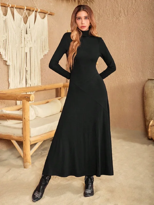 Turtleneck Long Sleeve Maxi Dress Fashionable Chiffon Maxi Dress
