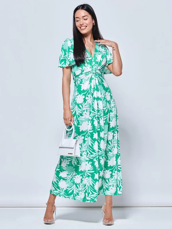 Twist Front Jersey Maxi Dress, Green Floral Trendy Short Sleeve Maxi Dress