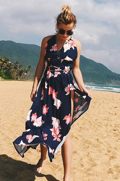 Floral V Neck Crisscross Lace-up High Split Maxi Dress Classic Tulle Maxi Dress