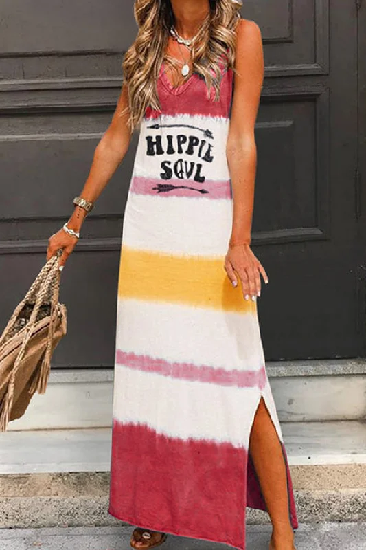 V-neck Letter Print Slit Tank Maxi Dress Stylish Empire Waist Maxi Dress