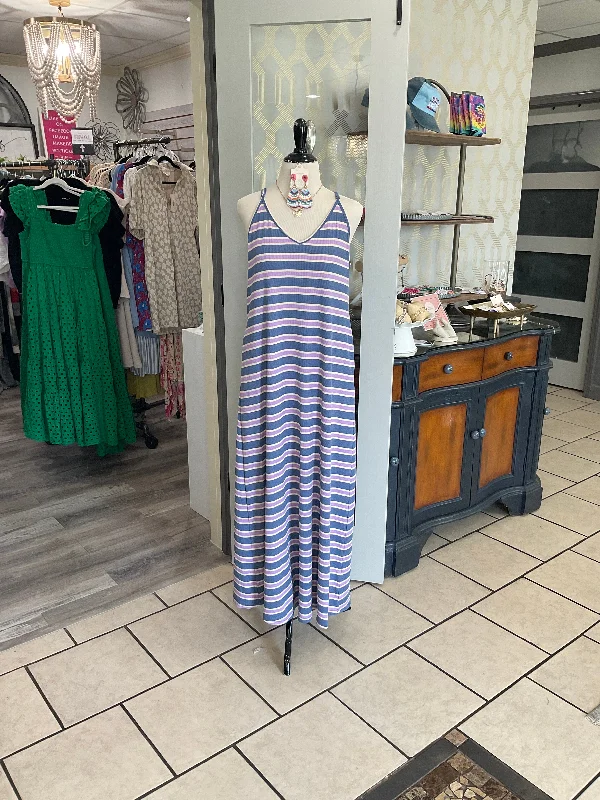 V-Neck Striped Maxi Dress Trendy Satin Maxi Dress