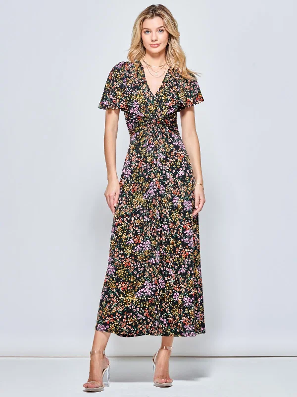V Neck Twist Front Jersey Maxi Dress, Black Ditsy Fashionable High-Waist Maxi Dress