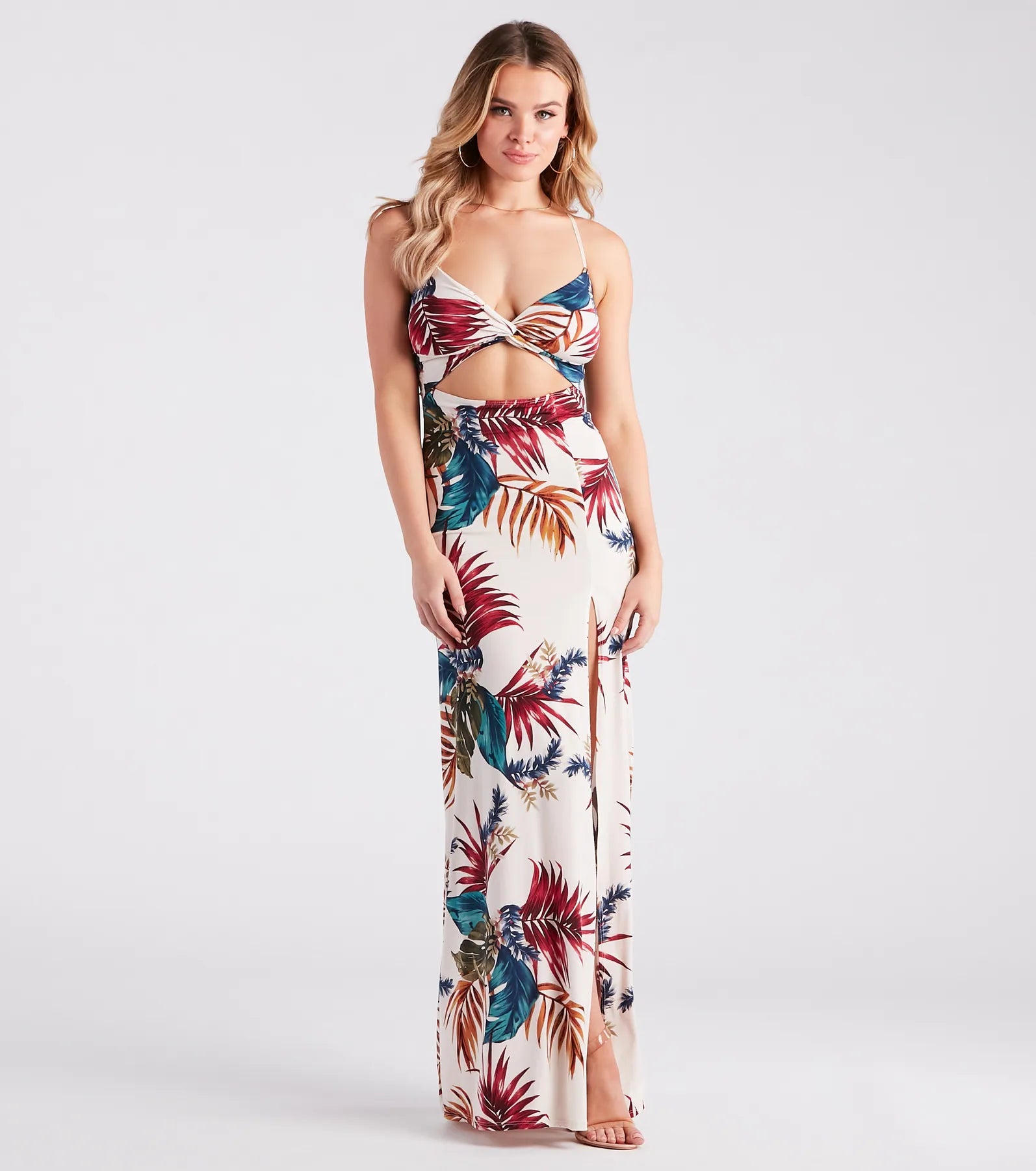 Vacation Awaits Tropical Print Cutout Maxi Dress Fashionable Chiffon Maxi Dress