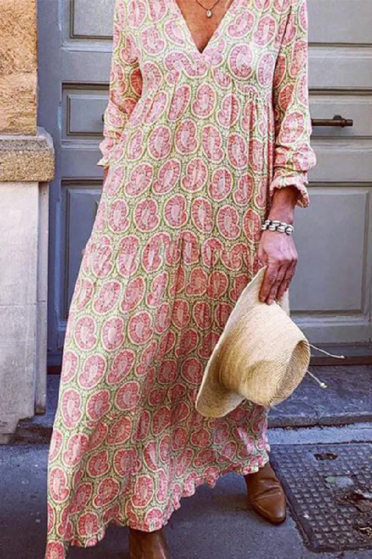 Vacation V-neck Printed Maxi Dress Cozy Maxi Dress with Slit