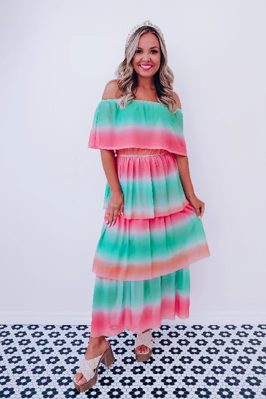 Vibrant Off Shoulder Mesh Maxi Dress - Green-Peach Elegant Lace Maxi Dress