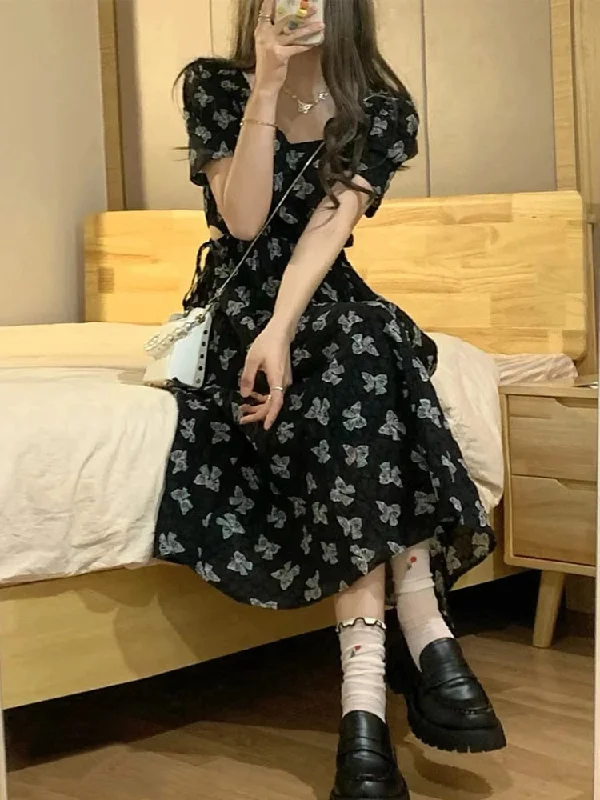 Vintage Black Square Collar Bandage Puff Sleeve Print Chiffon Midi Maxi Dresses for Women Party Dress Korea Clothing Summer Fashionable High-Waist Maxi Dress Vintage Black Square Collar Bandage Puff Sleeve Print Chiffon Midi Maxi Dresses for Women Party Dress Korea Clothing Summer Fashionable High-Waist Maxi Dress