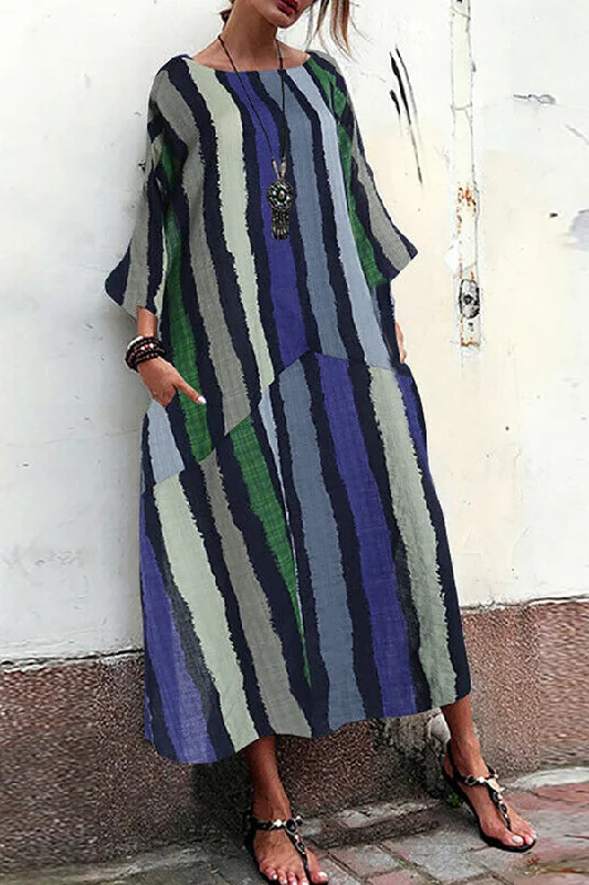 Vintage Striped Pockets Maxi Dress Stylish Off-Shoulder Maxi Dress