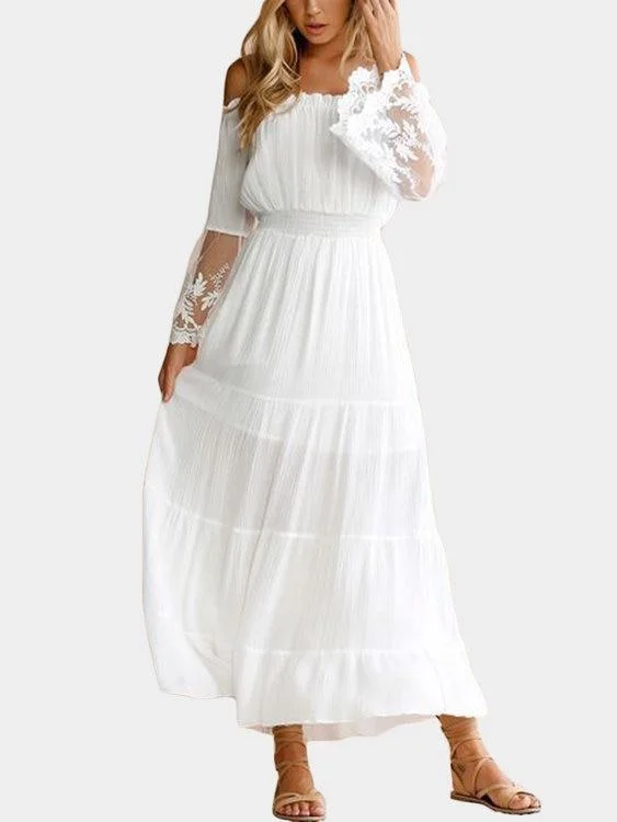 White Lace Details Off The Shoulder Flared Sleeves Maxi Dress Trendy Maxi Dress with Belt White Lace Details Off The Shoulder Flared Sleeves Maxi Dress Trendy Maxi Dress with Belt