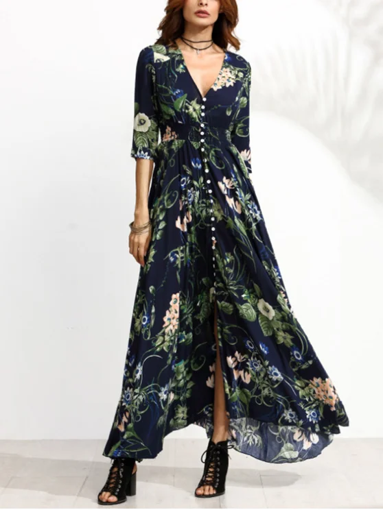Women Single-Breasted Mid Sleeves Printed Maxi Dress Elegant Maxi Dress with Lace