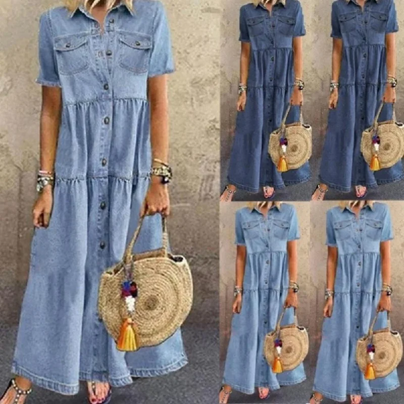 Women Summer Autumn Denim Long Dresses Retro Button Pockets Jeans Maxi Dress Ladies Casual Vestidos Trendy V-Neck Maxi Dress Women Summer Autumn Denim Long Dresses Retro Button Pockets Jeans Maxi Dress Ladies Casual Vestidos Trendy V-Neck Maxi Dress