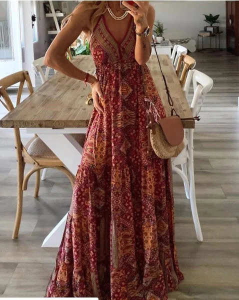 Women's Boho Vintage Maxi Dress Flora Print Deep V Neck Loose High Waist Dresses Spaghetti Strap Summer Retro Vestidos Clothes Comfortable Fitted Maxi Dress