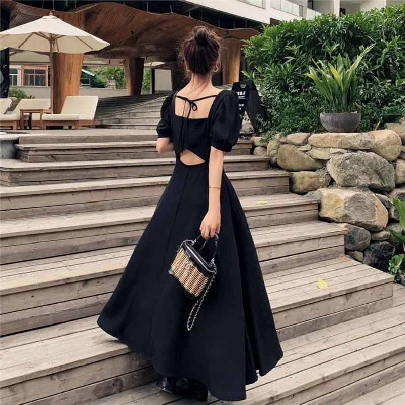Darianrojas Womens Chic Black Square Collar Puff Sleeve Bow A-line Dress Women Summer Elegant High Waist Long Maxi Dresses Female Clothing Chic Summer Maxi Dress
