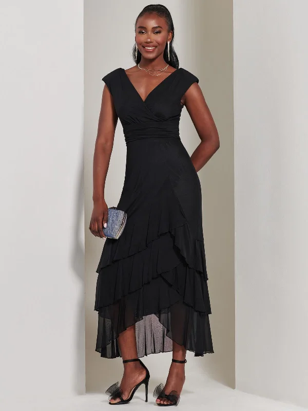 Wrap Bodice Mesh Frill Maxi Dress, Black Comfortable Plunging Neckline Maxi Dress
