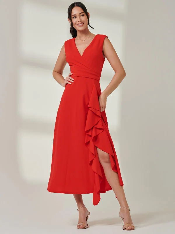 Wrap Front Frill Detail Maxi Dress, Red Elegant Lace-Up Maxi Dress