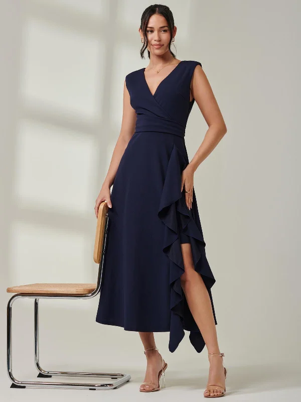 Wrap Front Frill Detail Maxi Dress, Navy Stylish Pleated A-Line Maxi Dress