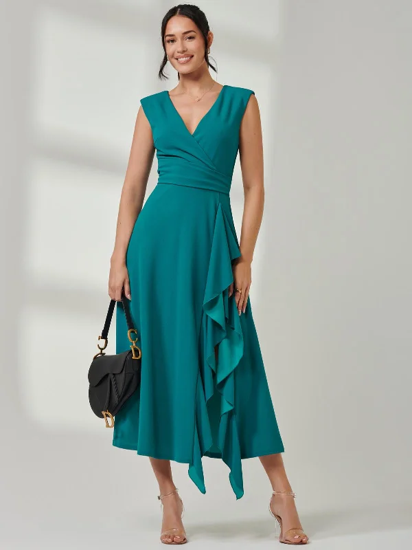 Wrap Front Frill Detail Maxi Dress, Teal Cozy Maxi Dress with Slit