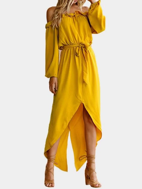Yellow Off The Shoulder Long Sleeves Split Hem Maxi Dress with Belt Stylish One-Shoulder Maxi Dress