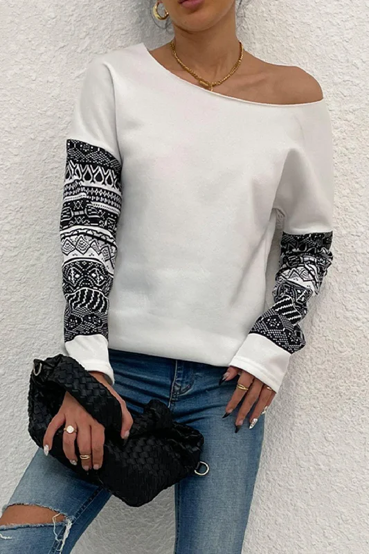 Boat Neck Long Printed Sleeve Blouse in 2 Colors Peter Pan Collar Blouse