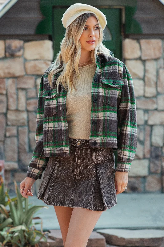 Brown Green Checker Plaid Shacket Elegant Lace Blouse