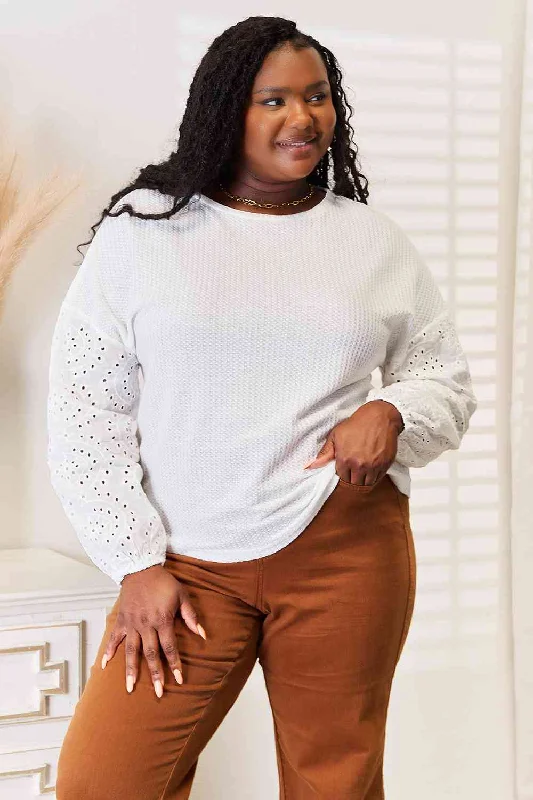 Hazel Blues® |  Double Take Eyelet Dropped Shoulder Round Neck Blouse Semi-Sheer Blouse