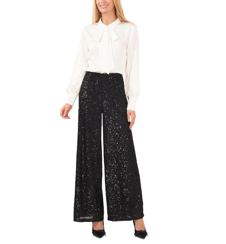 Long Sleeve Button-Up Bow Blouse Collared Satin Blouse