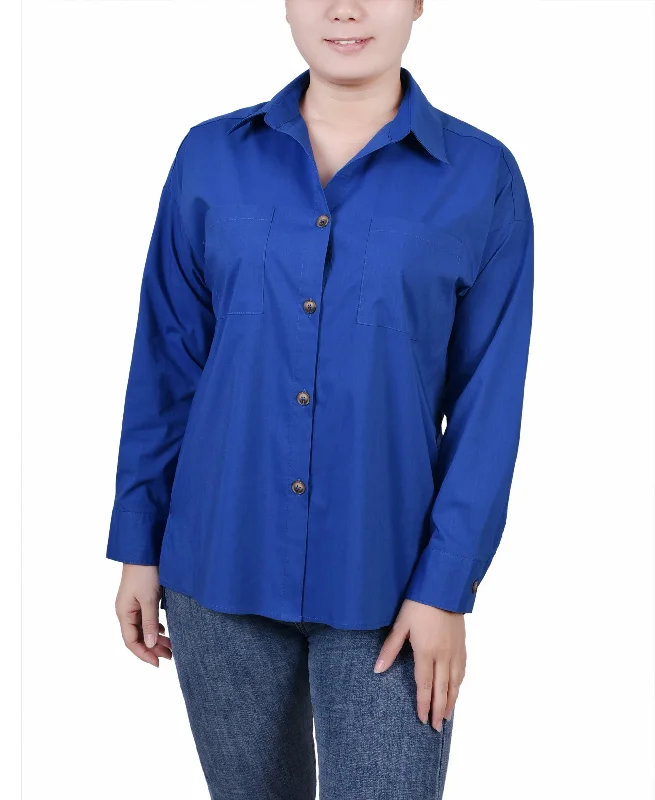 Petite Long Sleeve Blouse with Chest Pockets Double-Layered Blouse