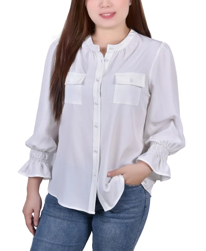 Petite Long Sleeve Y-Neck Blouse Silky Tunic Blouse