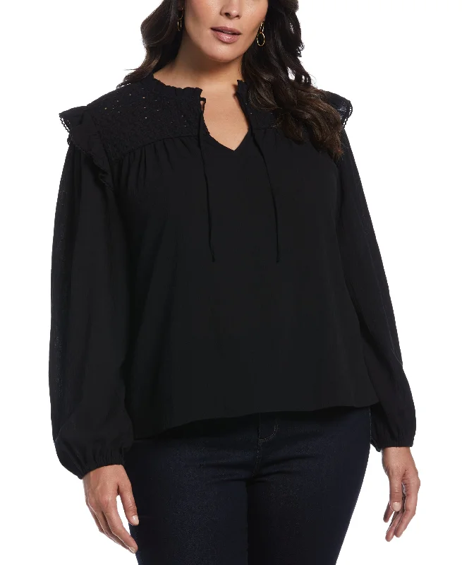 Plus Size Eyelet Yoke Ruffle Gauze Long Sleeve Blouse High Neck Blouse