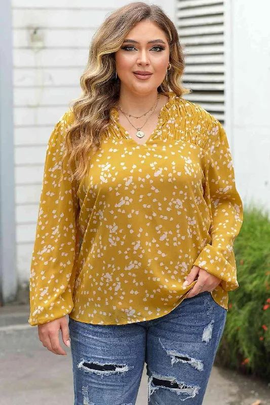 Plus Size Notched Neck Smocked Blouse Oversized Silk Blouse