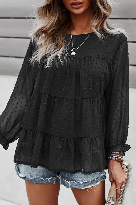 Long Sleeves Crew Neck Chicffon Blouses PomPom Pleated Top Soft Pastel Blouse