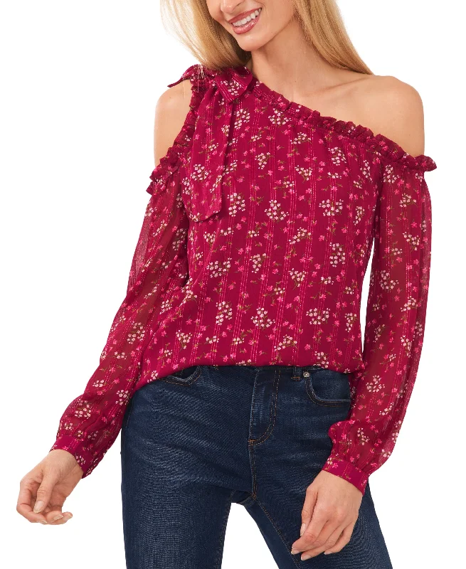 Women's Floral-Print Cold-Shoulder Long Sleeve Bow Blouse Short Sleeve Blouse