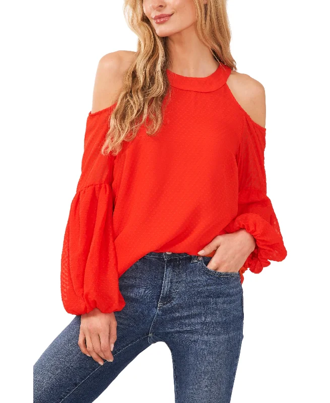 Women's Long Sleeve Cold-Shoulder Clip Dot Blouse Lightweight Floral Blouse