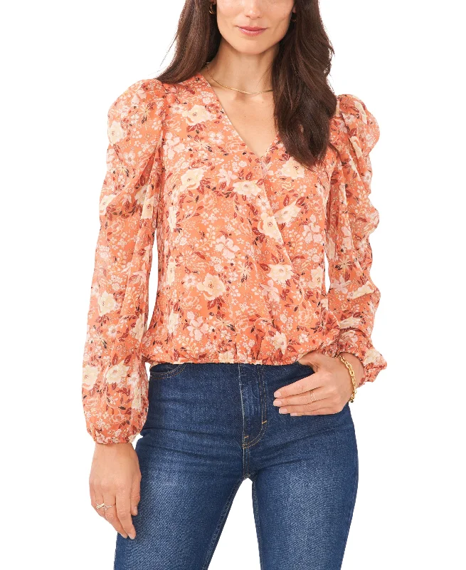 Women's Long Sleeve Faux Wrap V-Neck Blouse Sheer Sleeve Blouse