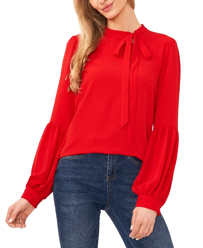 Women's Solid Long Sleeve Tie-Neck Puff-Sleeve Blouse Smart Casual Blouse