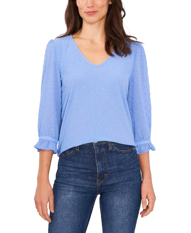 Women's V-Neck Clip Dot Ruffle Long Sleeve Blouse Feminine Pastel Blouse