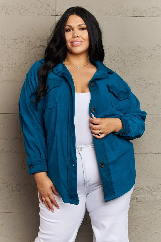 Hazel Blues® |  Cozy in the Cabin Fleece Elbow Patch Shacket in Teal Satin Drape Blouse