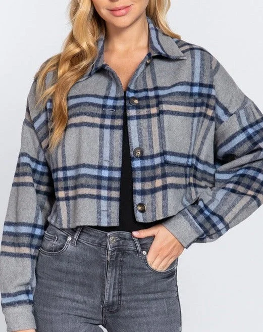 Plaid Cropped Shacket Soft Knit Blouse