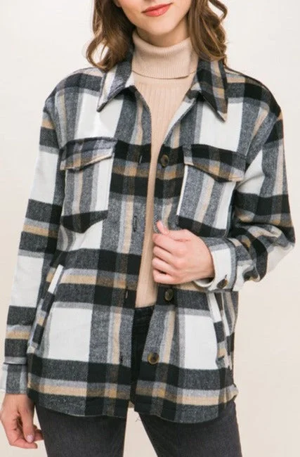 Plaid Wool Blend Shacket Loose Oversized Blouse