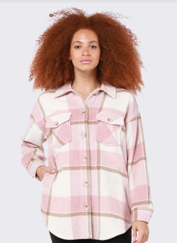 Dex Button Front Plaid Shacket Chic Off-Shoulder Blouse