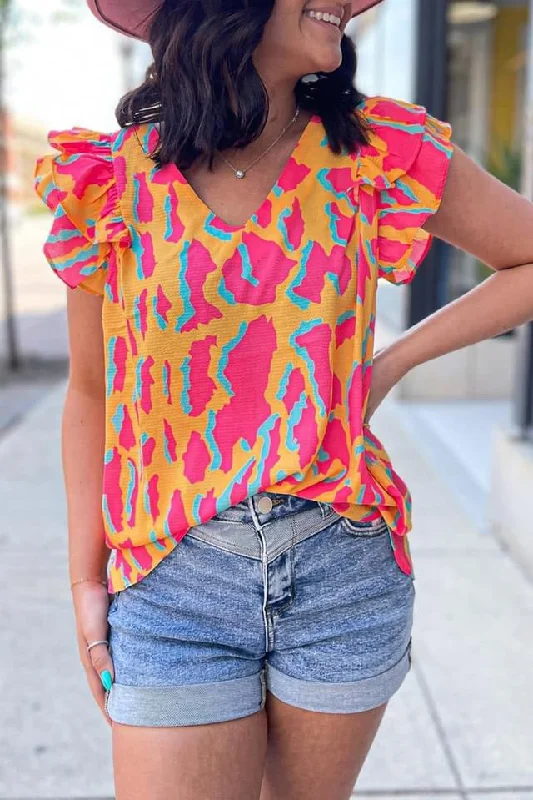 Abstract Print V Neck Ruffled Sleeve Blouse Boho Chic Blouse