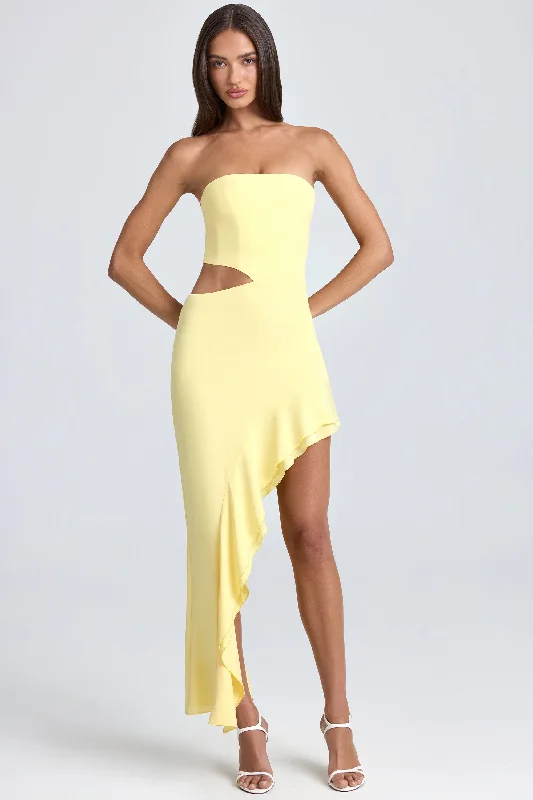 Bandeau Cut-Out Ruffle-Trim Maxi Dress in Lemon Sherbet Fashionable Maxi Dress with Fringe